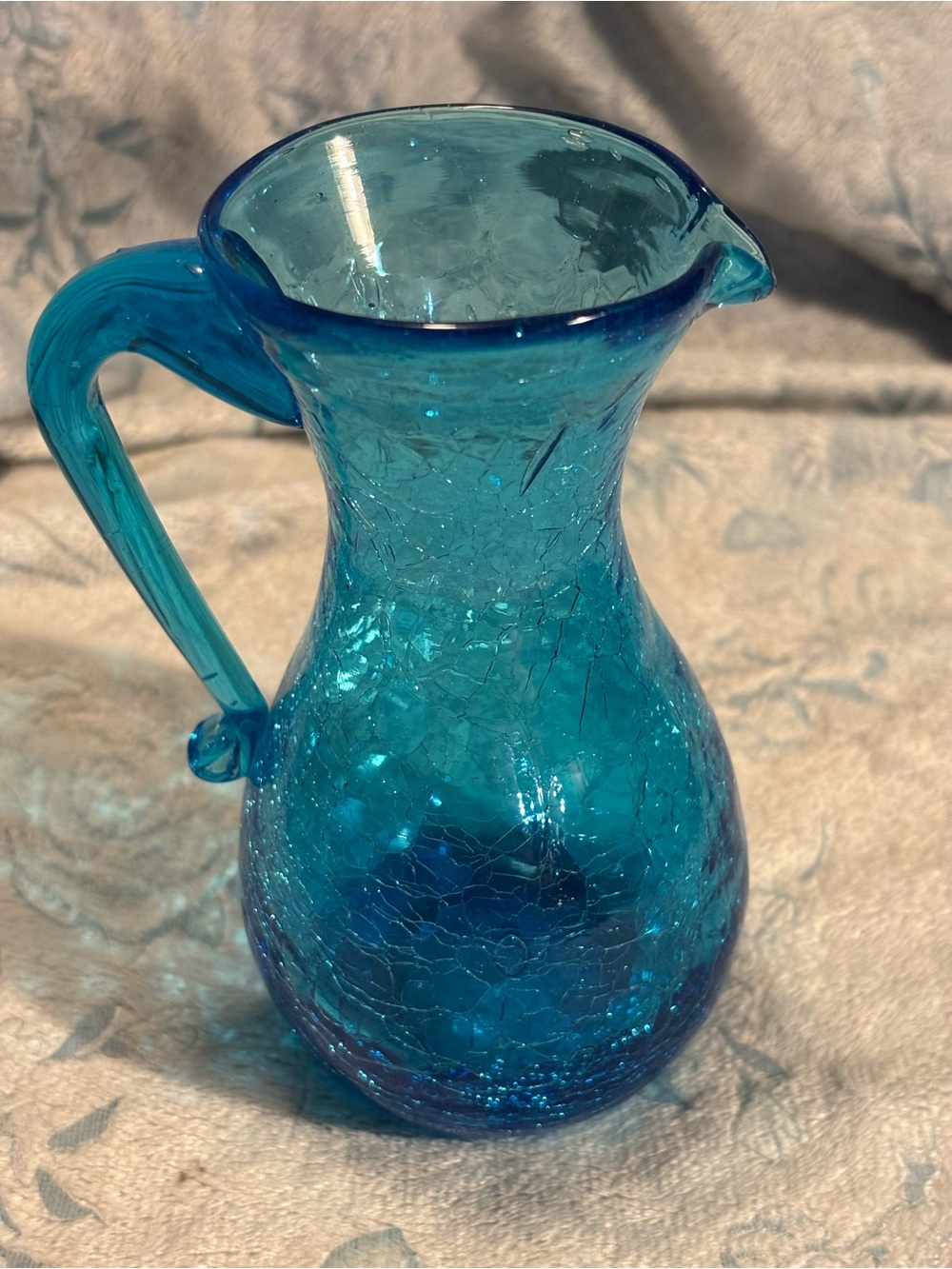 Hand-Blown Crackle Glass Pitcher in Teal Blue